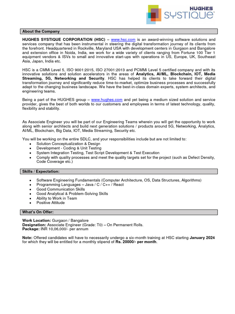 Associate Engineer Role at HSC | PDF | Employment | Internet Of Things