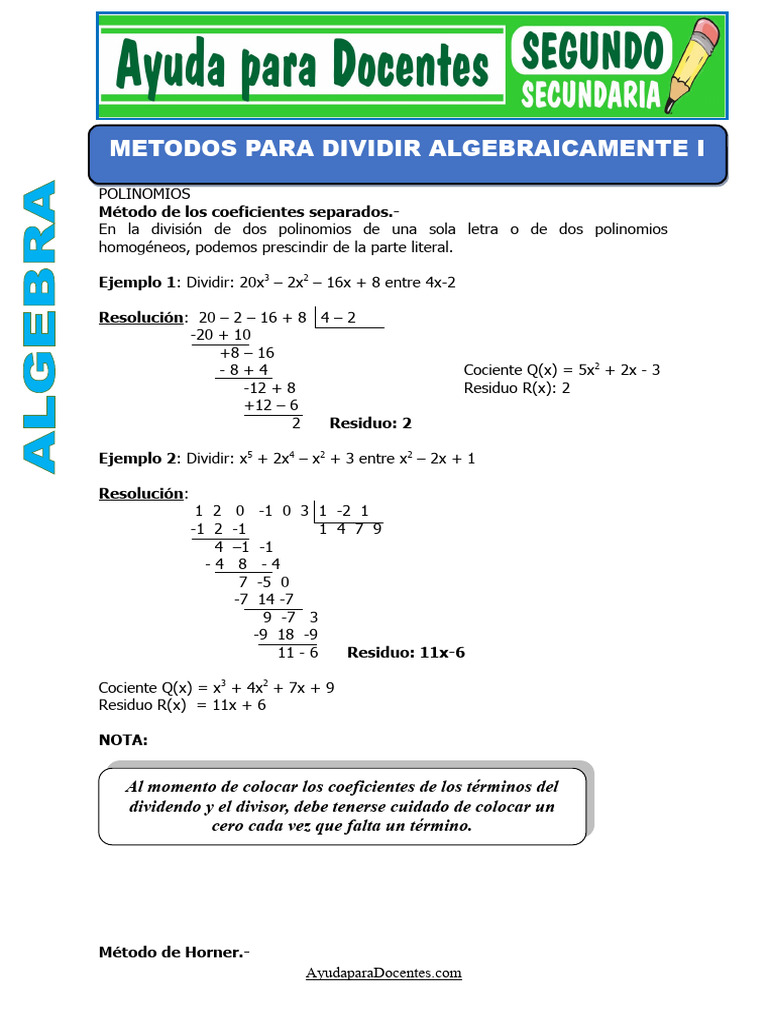 Metodos para Dividir Algebraicamente I para Segundo de Secundaria | PDF ...