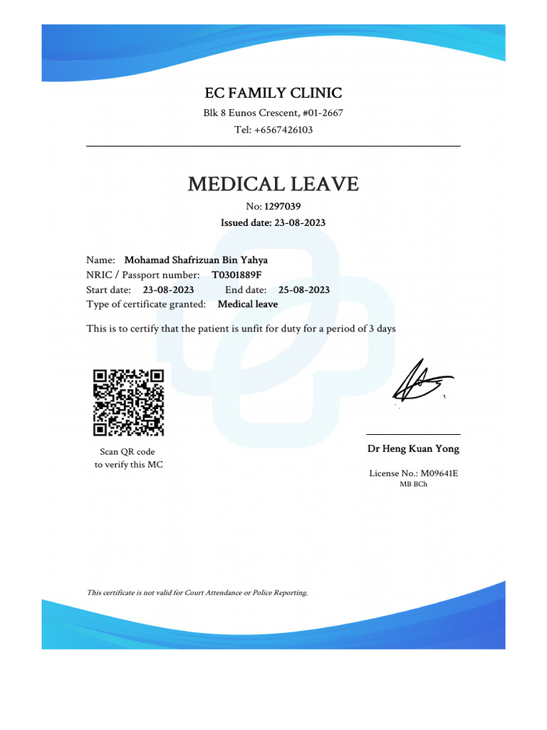 Medical Leave Medical Leave: Ec Family Clinic Ec Family Clinic | PDF