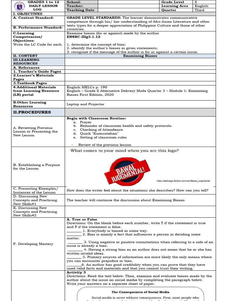 Examining Biases in Literature Lesson | PDF | Bias | Learning