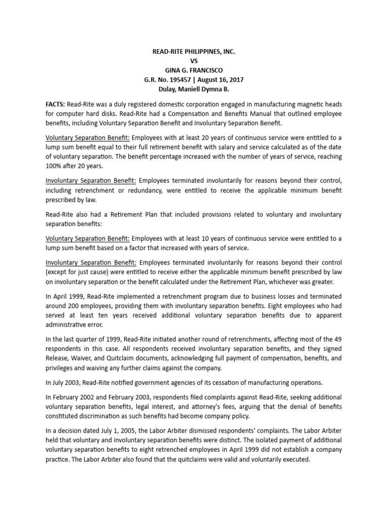 Read-Rite's Separation Benefits Ruling | PDF | Appeal | Arbitration
