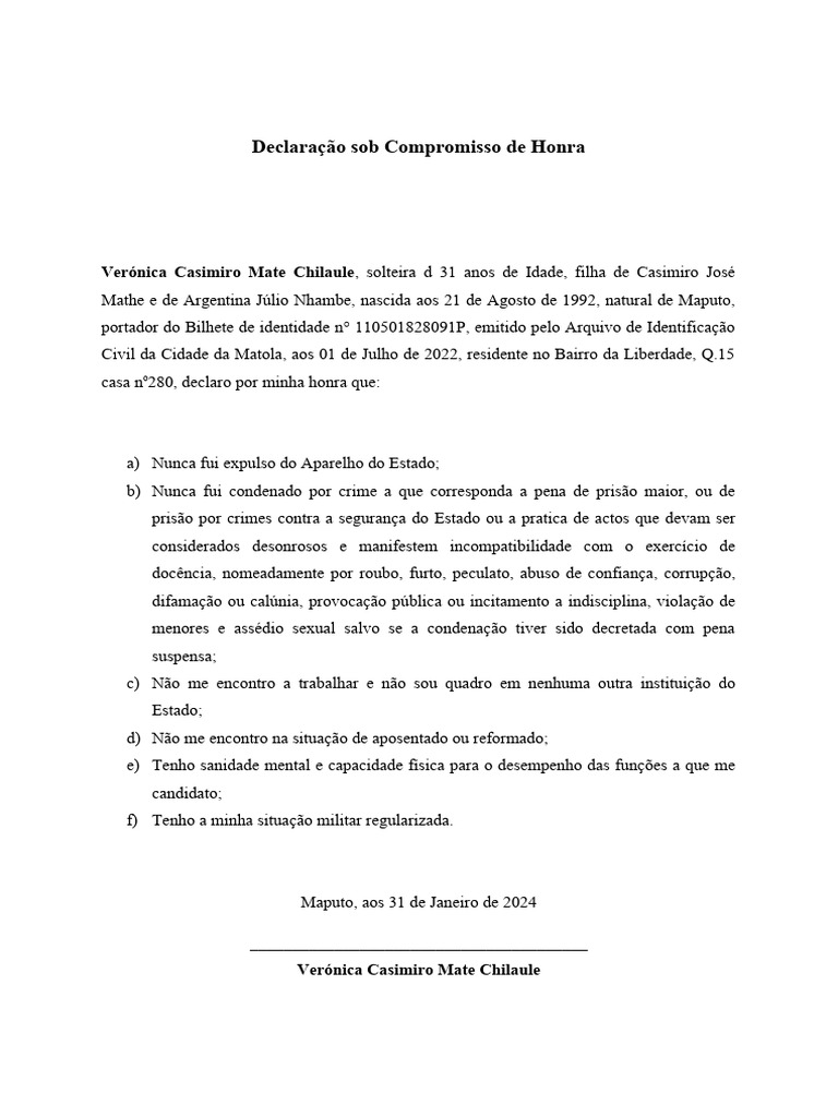 Declaração Sob Compromisso de Honra | PDF