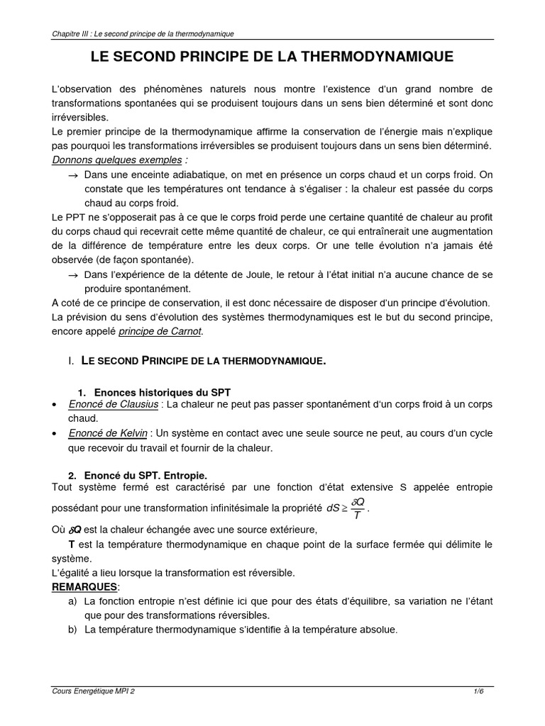 Second Principe de la Thermodynamique | PDF | Entropie | Thermodynamique