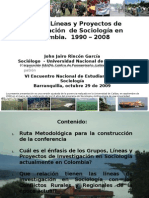 grupos, líneas y proyectos de investigacion sociologia Colombia 1990 - 2008