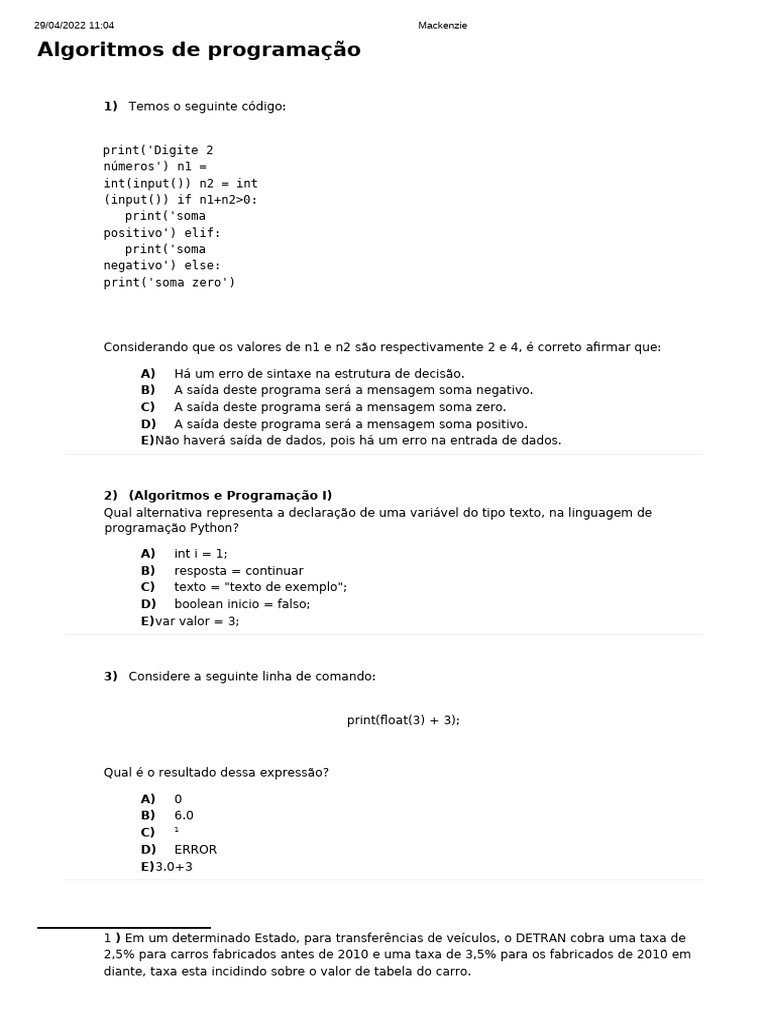 Questões de Algoritmos e Programação Python | PDF | Algoritmos | Matemática