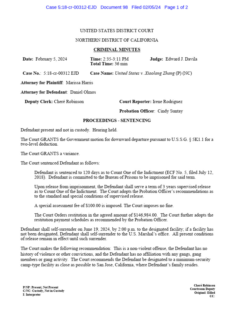 Zhang sentencing pdf united states federal probation and supervised