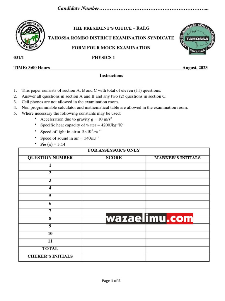 Form Four Physics Mock Exam 2023 | PDF | Waves | Reflection (Physics)