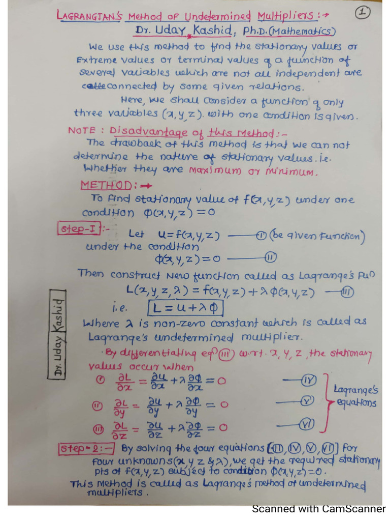 Lagrange's Method of Undetermined Multiplier Dr. Uday Kashid - EM-1 | PDF
