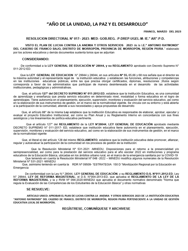 Plan contra la Anemia 2023 en Educación | PDF | Tolerancia | Violación