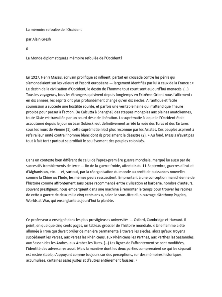 La mémoire refoulée de l'Occident PDF Monde occidental Grèce ancienne — free download
