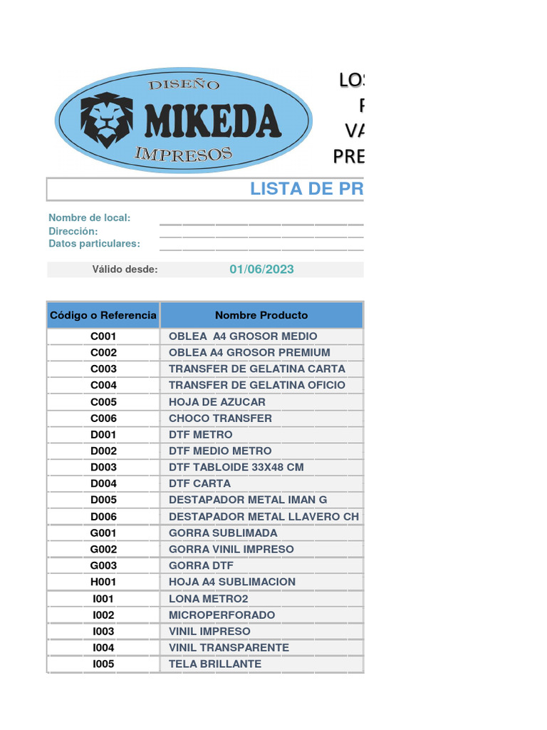 Precios Mikeda | PDF