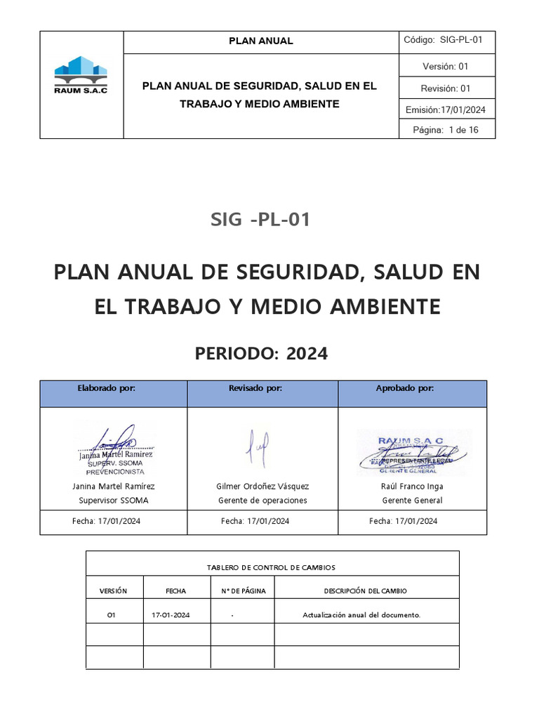 Plan Anual de Seguridad y Salud 2024 | PDF | Seguridad y salud ...