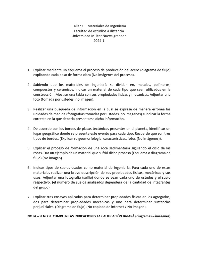 Taller de Materiales de Ingeniería 2024 | PDF | Métodos y materiales de ...