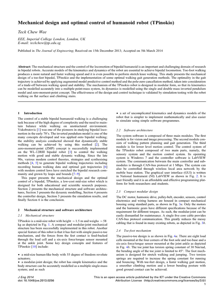 Mechanical Design and Optimal Control of Humanoid | PDF | Walking | Robot
