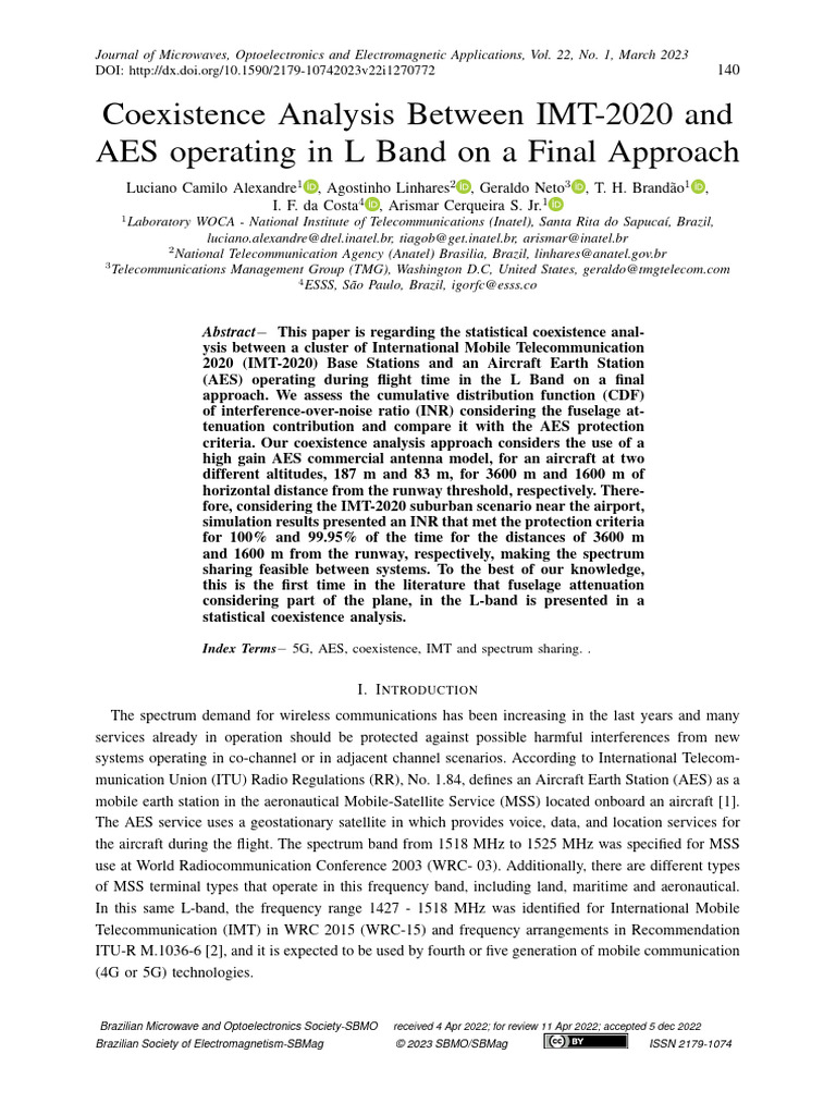 Coexistence Analysis Between IMT2020 and AES Operating in L Band On A