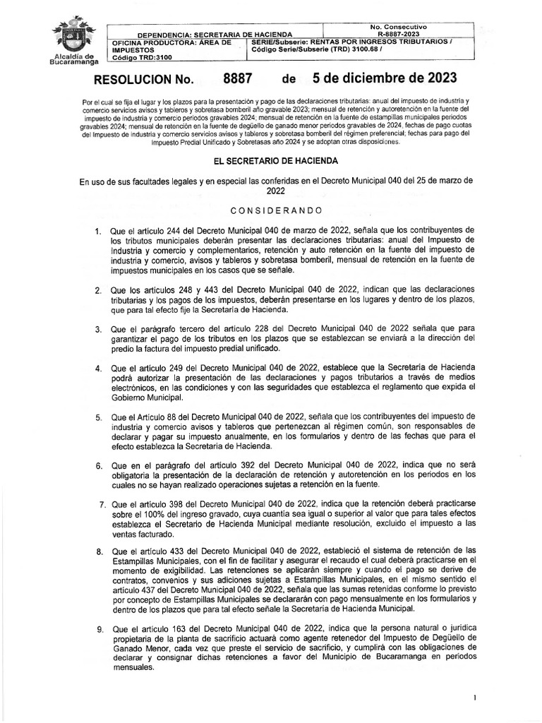 Calendario Tributario Bucaramanga 2024 PDF
