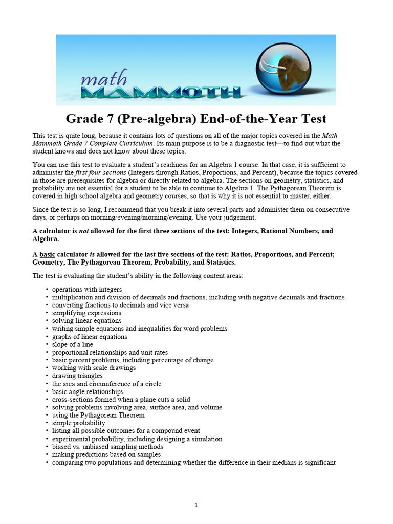 End of Year Test Grade7 Int | PDF | Area | Equations