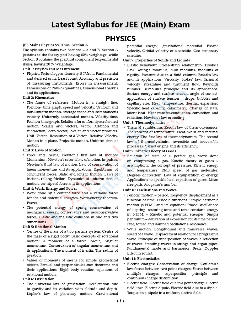 JEE Mains 2026 Physics Syllabus | PDF | Force | Gases