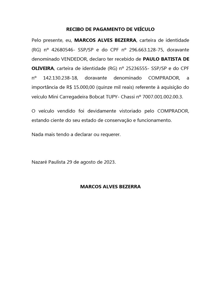 Recibo de Pagamento de Veículo | PDF