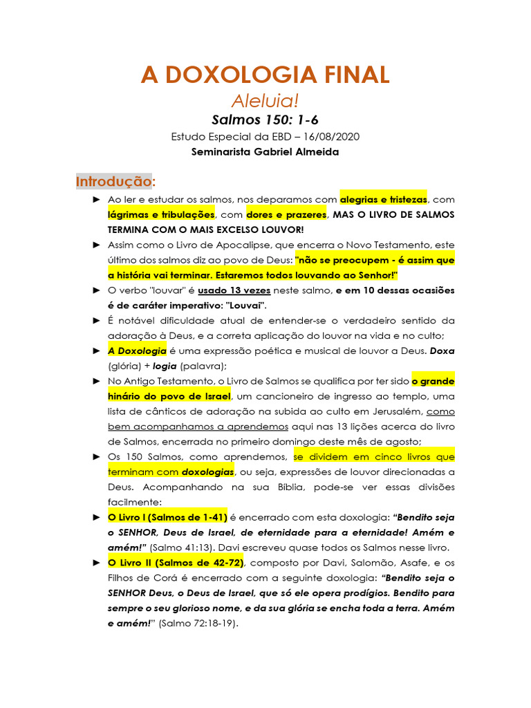 Estudo do Salmo 150: Doxologia Final | PDF | Salmos | Deus