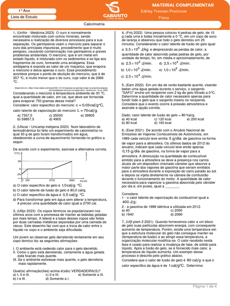 Exercícios de Calorimetria para Estudo | PDF