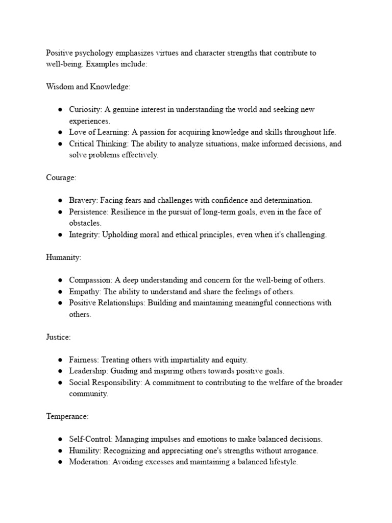 Positive Psychology Virtues and Character Strength | PDF