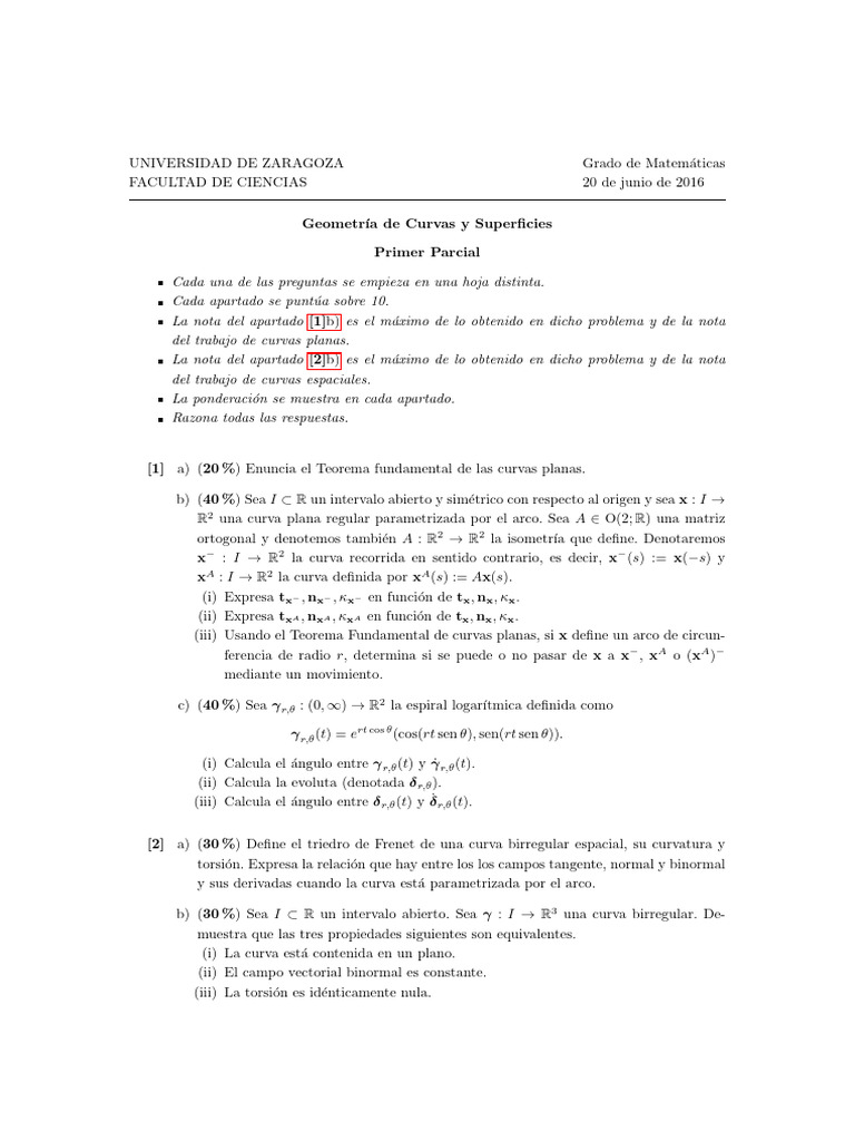 Examen Geometría Curvas y Superficies | PDF | Curva | Matemáticas Aplicadas