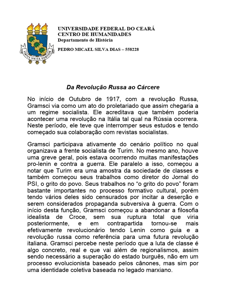 Modelo Trabalho Ufc 01 | PDF | Antonio Gramsci | Socialismo