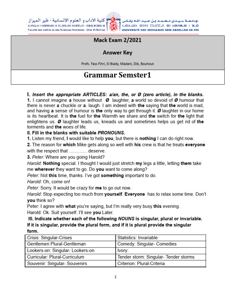 Grammar Mock Test Answer Key | PDF | Verb | Grammatical Number