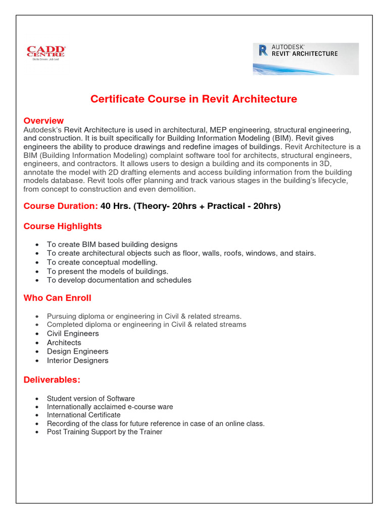 Revit Architecture Certificate Course | PDF | Technology & Engineering