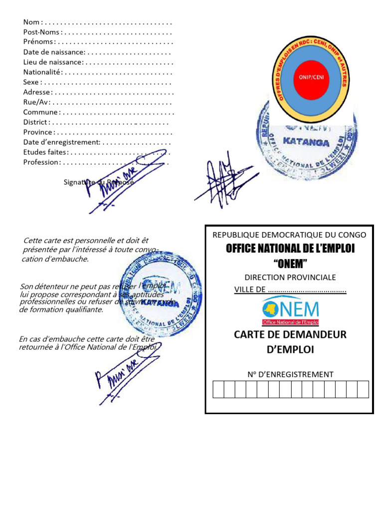 Carte de Demandeur d'Emploi ONEM | PDF