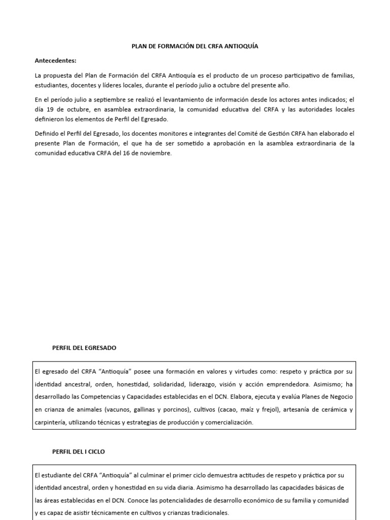 Plan de Formación CRFA Antioquía | PDF | Análisis FODA | Higiene
