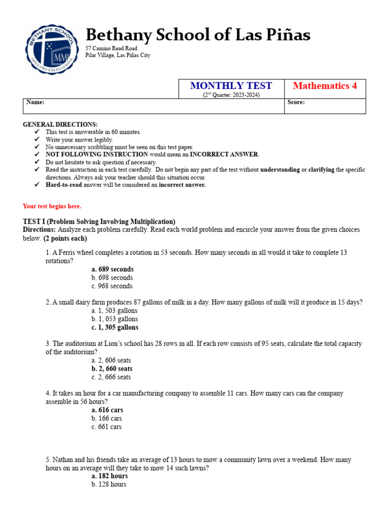 Monthly Math Test for Grades 4-6 | PDF | Polynomial | Mathematical Objects
