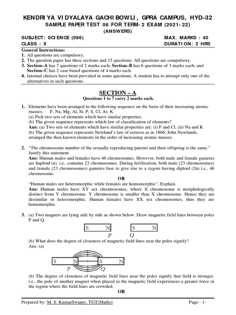 Science Class X Term 2 Sample Paper Test 06 2021 22 Answers PDF