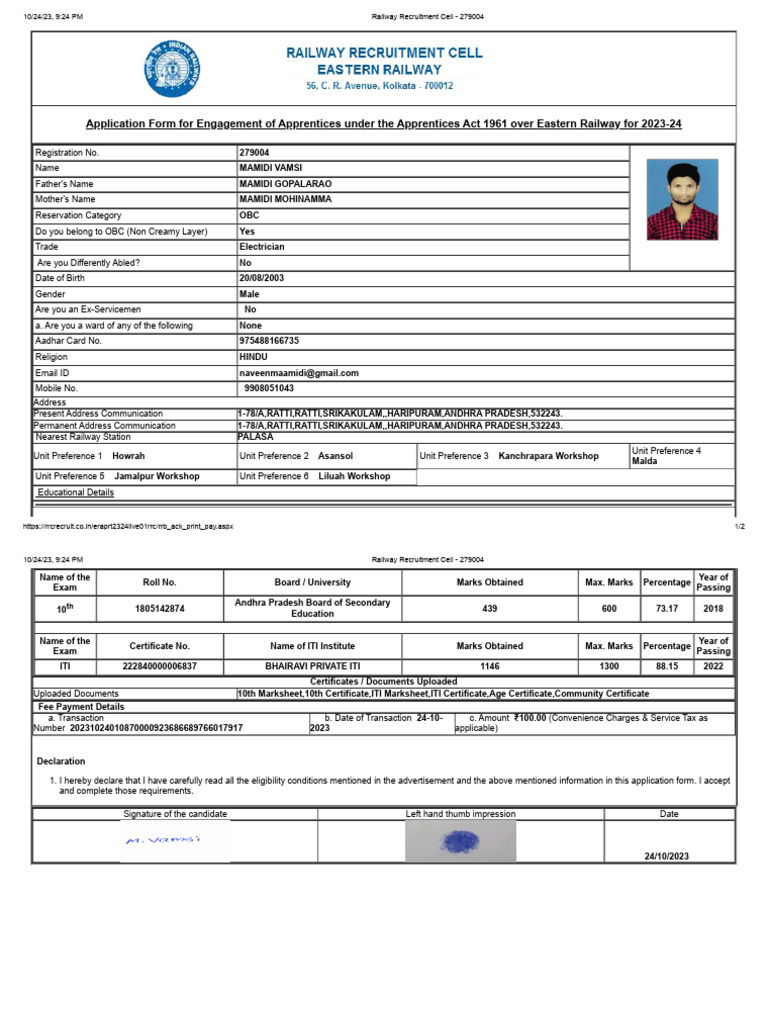 Eastern Railway Apprentice Application 2023 | PDF