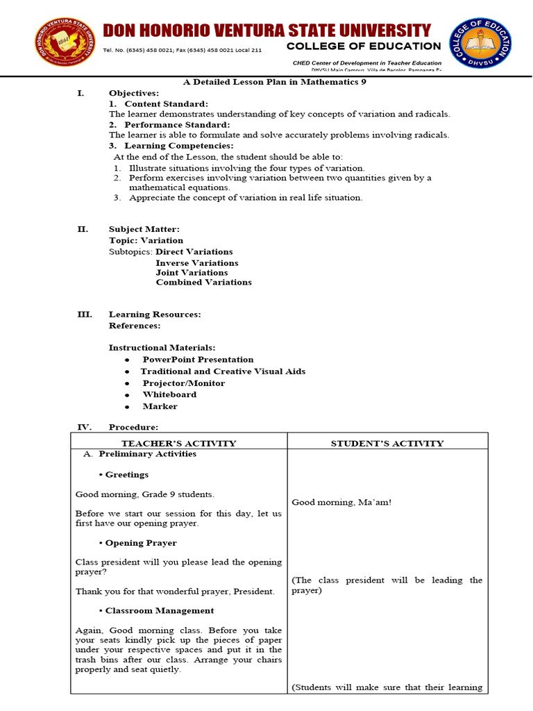 Detailed Lesson Plan on Variation | PDF | Variable (Mathematics ...