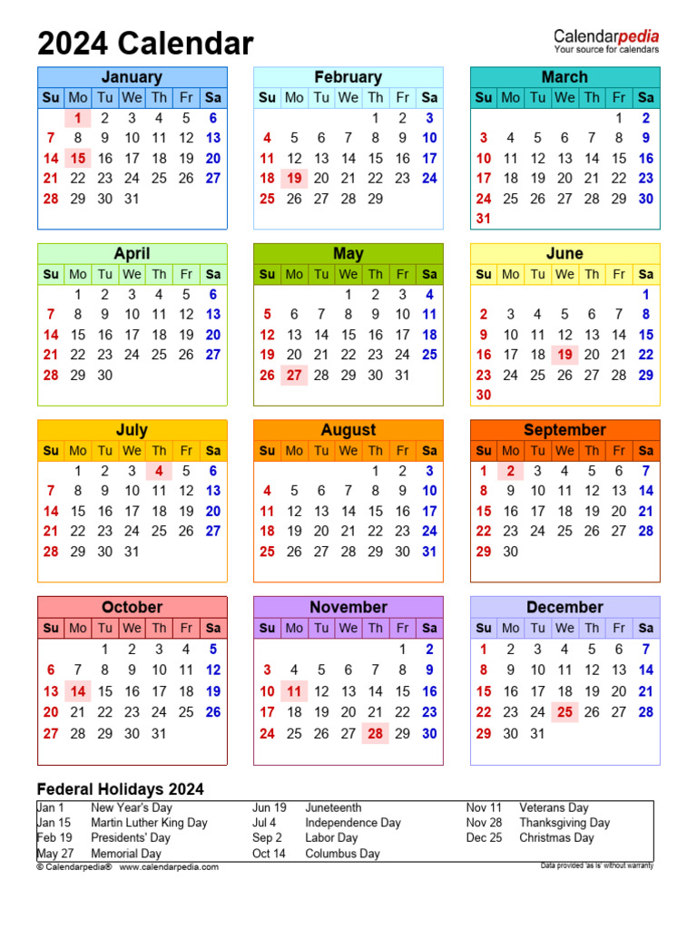 2024 Calendar Portrait Year at A Glance in Color PDF Festival