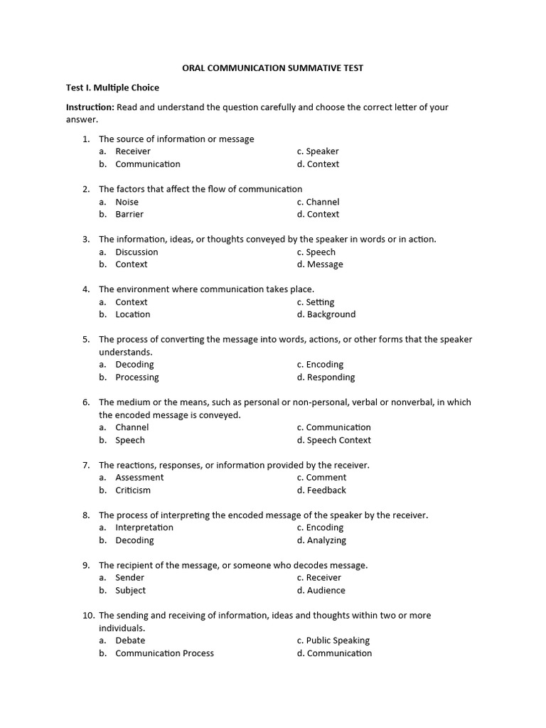Oral Communication Summative Test PDF
