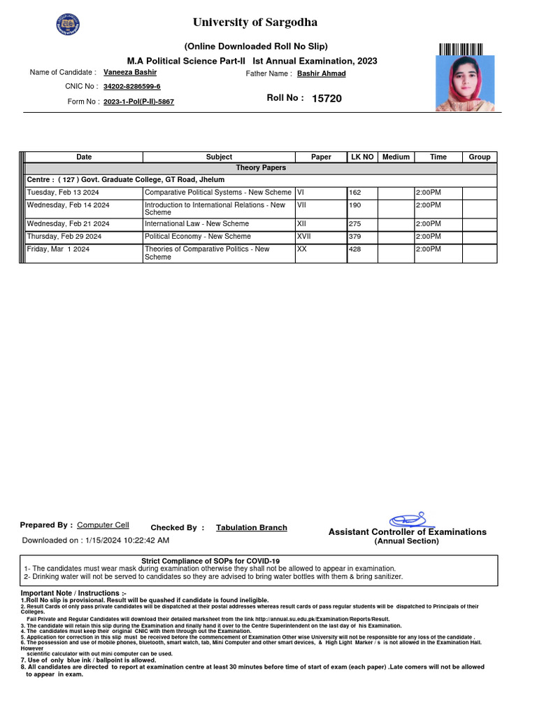 Ist Annual Examination, 2023pol (P II) 34202 8286599 6RollNoSlip | PDF ...