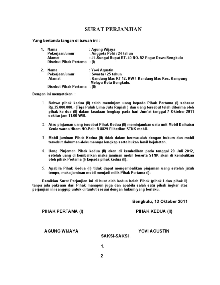 Contoh Perjanjian Pinjam Uang  Aneka Macam Contoh