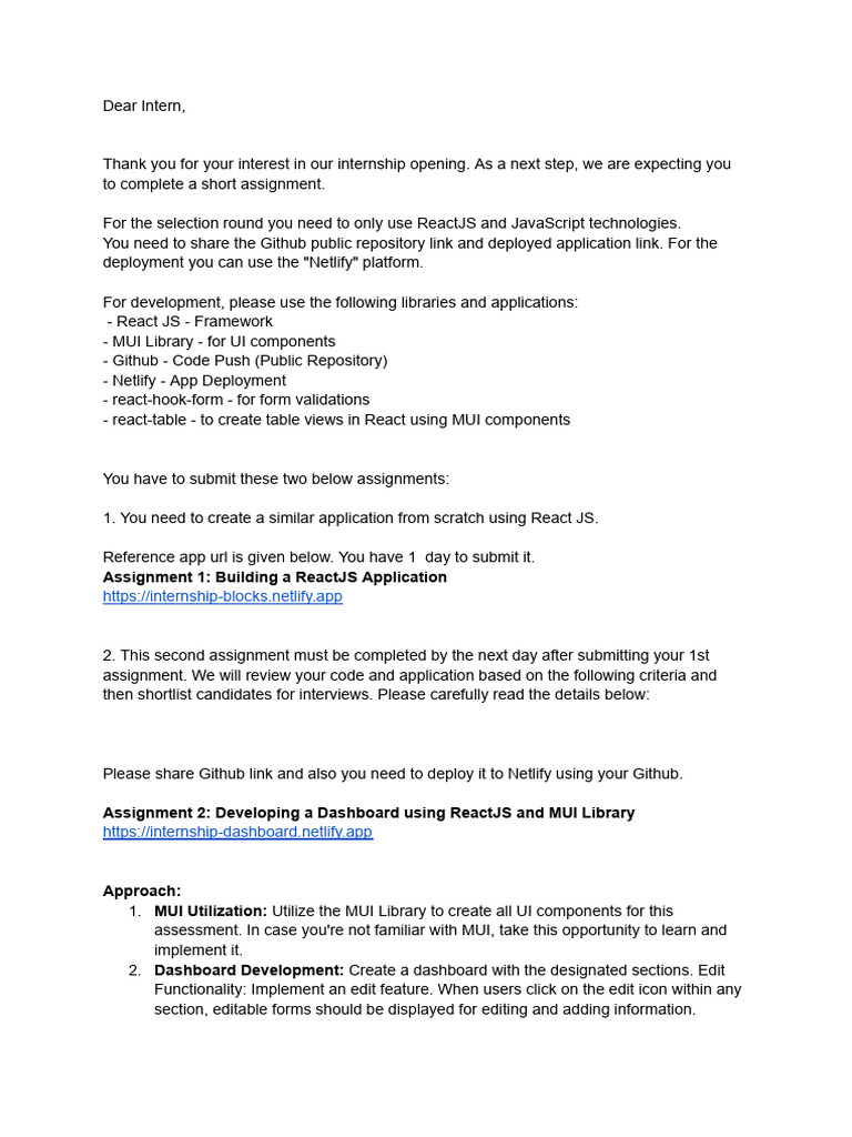 ReactJS Internship Assignment Guide | PDF