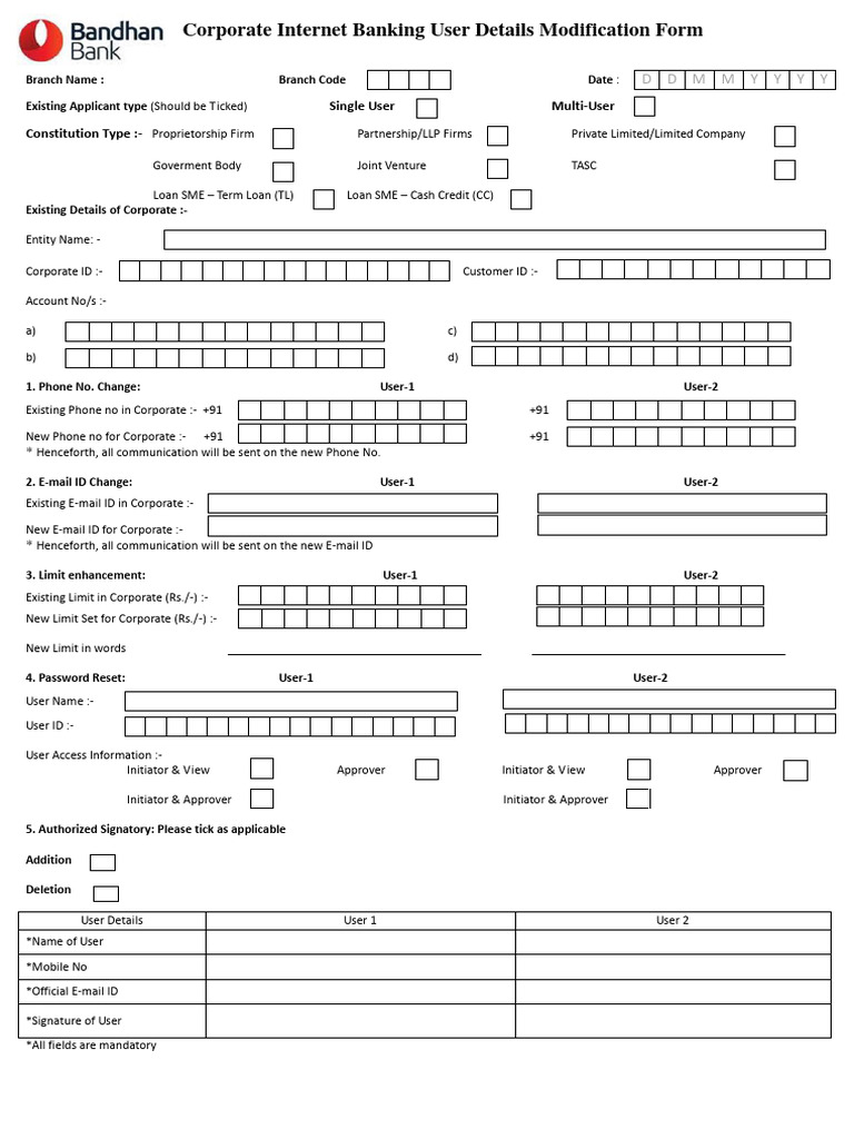IndusInd Bank CIB Modification Form | PDF | Online Banking | Banks ...