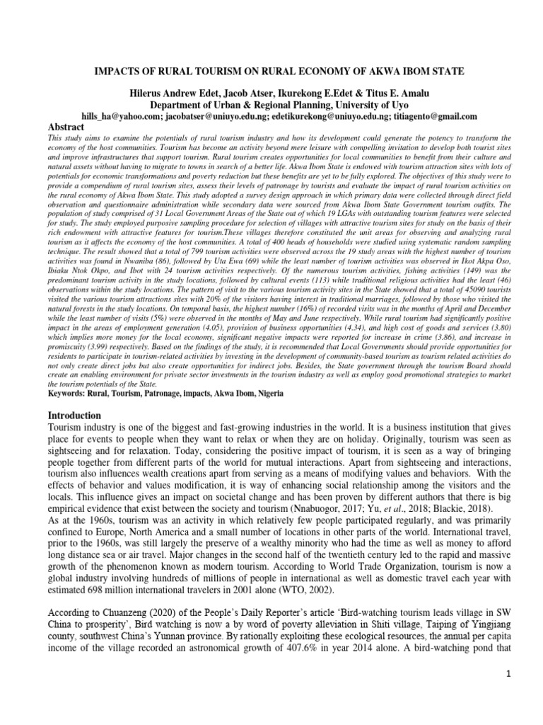 Rural Tourism's Economic Impact in Akwa Ibom | PDF | Tourism | Sampling ...