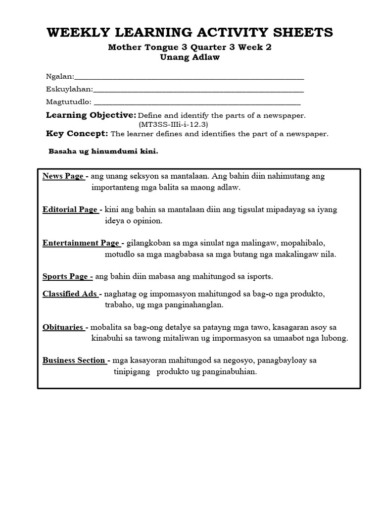 Weekly Learning Activity Sheets: Basaha Ug Hinumdumi Kini | PDF