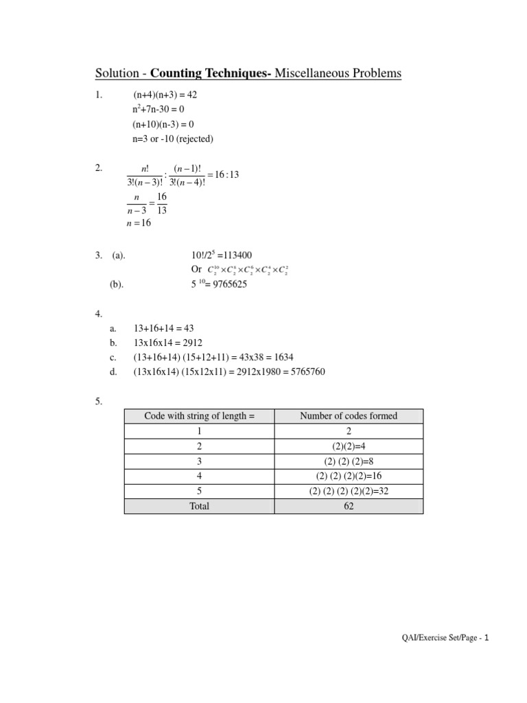 Solution - : Counting Techniques-Miscellaneous Problems | PDF ...