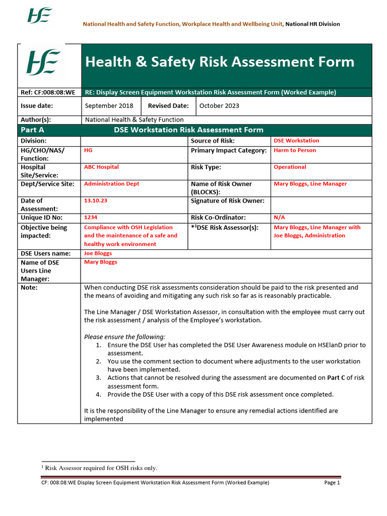 DSE Workstation Risk Assessment Example | PDF | Occupational Safety And ...