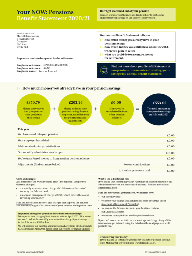 NOW: Pensions Benefit Statement 2020/21 | PDF | Pension | Wealth
