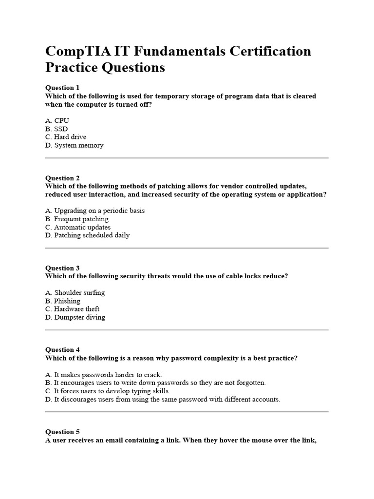 Comptia it fundamentals certification practice questions pdf
