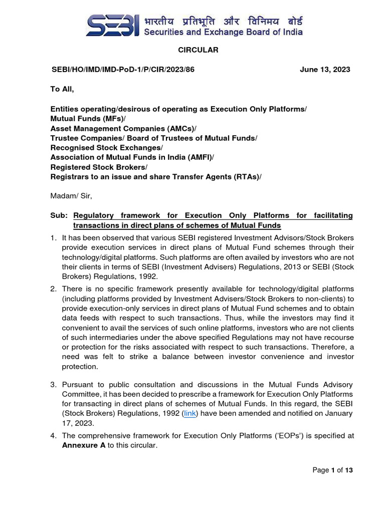 SEBI Regulatory Framework For Execution Only Platforms | PDF | Mutual ...