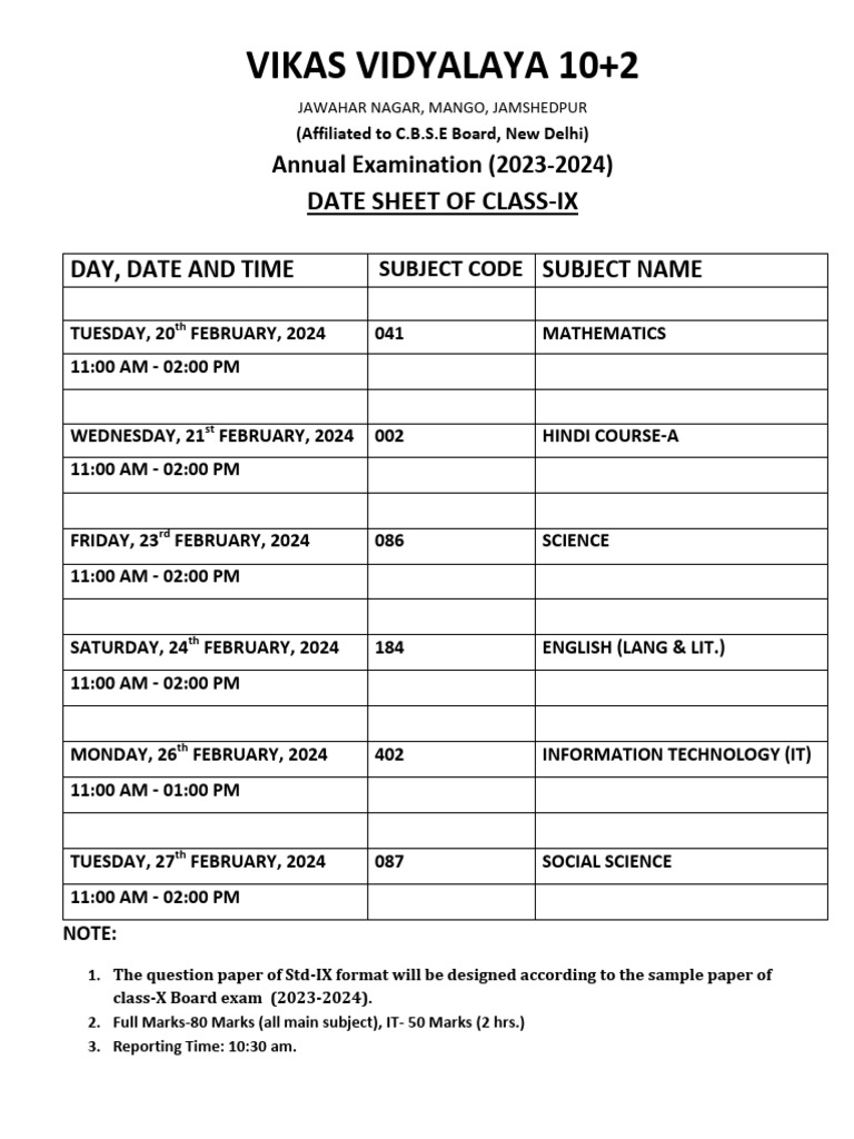 Class IX Exam Schedule 2024 | PDF